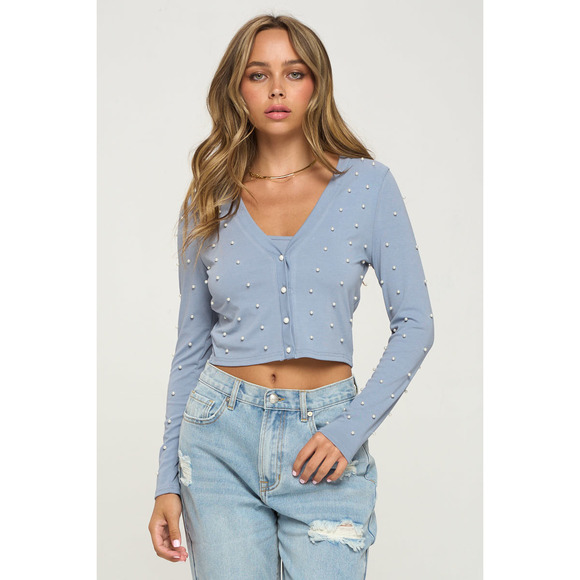 Faux Pearl Crop Top And Cardigan Set - Picture 2 of 7